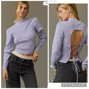 Anthropologie Mock-Neck Lace-Up Open Back lilac purple ribbed Sweater XS S